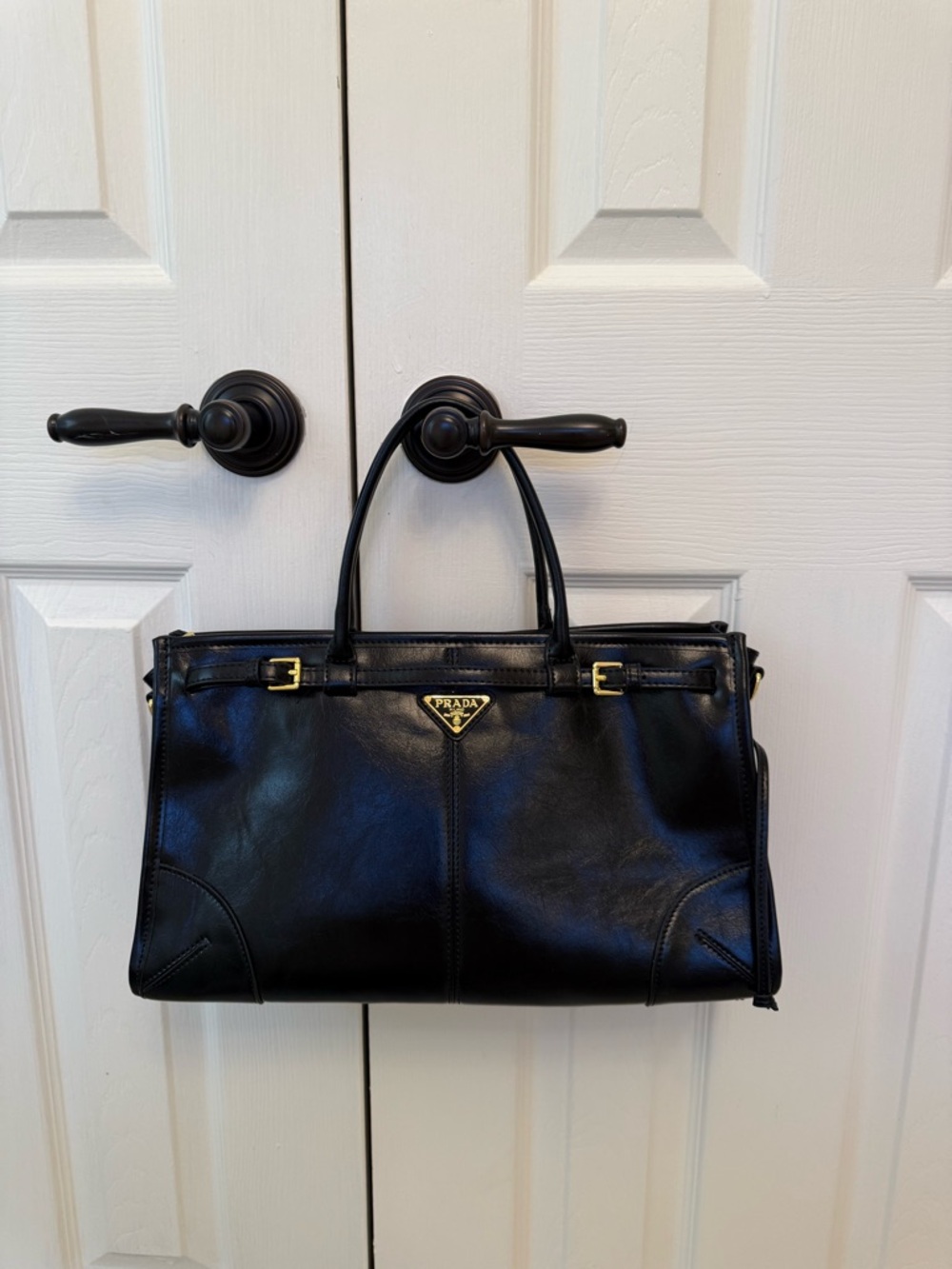 Black Leather Satchel with Gold-Tone Trim